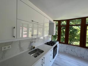 eine weiße Küche mit einem Waschbecken und einigen Fenstern in der Unterkunft Fanus Cafe Konaklama & Restorant in Düzköy