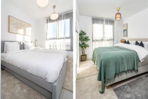 a bedroom with white walls and a bed with a green blanket at LME101A- Lovley Apartment with stunning views in Estepona +35 photos