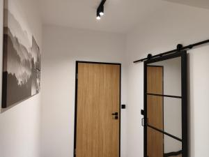 een hal met een houten deur en een spiegel bij Apartament Narutowicza 56 in Łódź