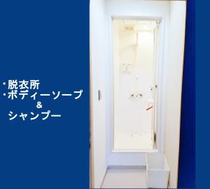 baño con espejo y puerta azul en Enoshima Guest House 134 / Vacation STAY 47419, en Fujisawa