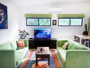 Quiet Private Nimbin Townhouse في نيمبين: غرفة معيشة مع أرائك خضراء وتلفزيون بشاشة مسطحة