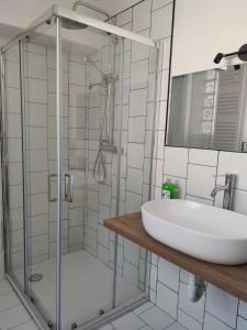 La salle de bains est pourvue d'un lavabo et d'une douche en verre. dans l'établissement Casa Ilanga, à Cannero Riviera