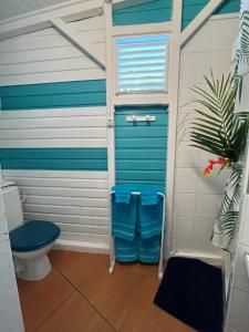 La salle de bains est pourvue de toilettes et d'une porte bleue. dans l'établissement Bungalow avec piscine, à Sainte-Marie