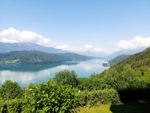 - une vue sur un lac avec des montagnes en arrière-plan dans l'établissement Panoramasuite am Millstättersee, à Dellach