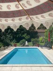 basen w ogrodzie z parasolem w obiekcie Gîte de La Peloue - Jolie Maison dans les vignes w mieście Barsac