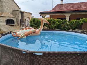a pool with a plastic mermaid in the water at Runaway Cottage in Unešić