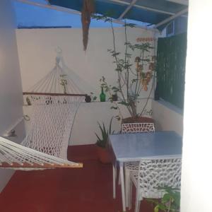twee hangmatten in een kamer met een tafel en planten bij La Maison Radha in Pondicherry