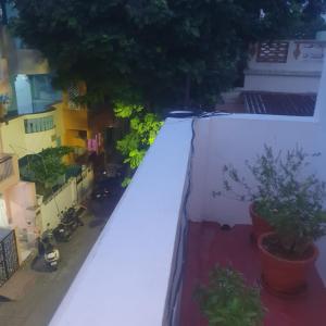 an overhead view of a street with plants on a building at La Maison Radha in Pondicherry