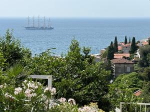 a ship in the ocean with a town and trees at VISTA del MAR in Piran