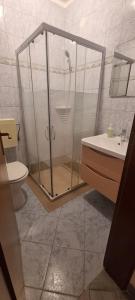 a bathroom with a shower and a sink and a toilet at Laura Rooms in Medulin