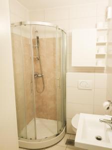 a shower in a bathroom with a toilet and a sink at Apartment Alex in Piran