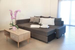 a living room with a couch and a coffee table at Kastrochori Apartment in Galariá