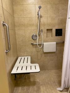 a shower with a bench in a bathroom at Wingate by Wyndham Mount Vernon in Mount Vernon