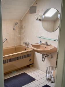 a bathroom with a sink and a tub and a mirror at Ferienwohnung am Wald in Haiterbach