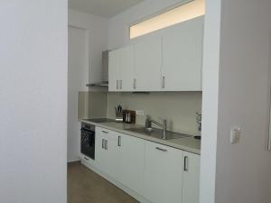 eine Küche mit weißen Schränken und einem Waschbecken in der Unterkunft Apartmán Dlouhá 207 in Leitmeritz