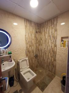 アジュマーンにあるFurnished 1bhk with all needsのトイレ、洗面台、シャワー付きのバスルーム