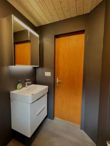 a bathroom with a sink and a wooden door at Maxima in Fiesch