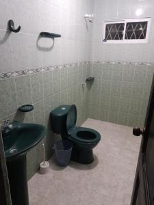a bathroom with a green toilet and a sink at Casa Hostal Perla Roja in Ríohacha