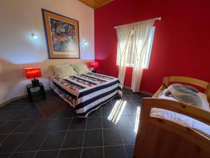 een slaapkamer met 2 bedden en een rode muur bij Andapamanitra Résidence in Antananarivo
