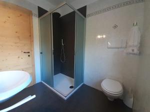 La salle de bains est pourvue d'une douche, de toilettes et d'un lavabo. dans l'établissement Hotel Garnì Miramonti, à Falcade