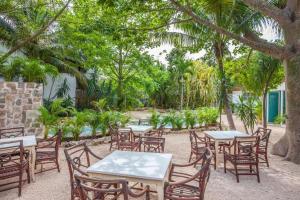 a group of tables and chairs under trees at Icástico Tulum in Tulum