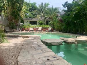 a swimming pool in a backyard with rocks in the water at Icástico Tulum in Tulum