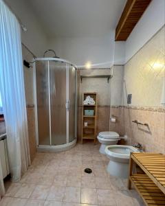 a bathroom with a shower and a toilet at L'Orsa in Villalago
