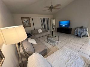 a living room with a couch and a tv at Orlando getaway in Orlando