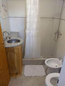 La salle de bains est pourvue d'un lavabo, de toilettes et d'une douche. dans l'établissement departamento equipado Pioneros, à Zapala