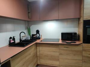 Una cocina con un fregadero y un microondas en una encimera. en Superior Laguna Beskidow Pilot's Studio! Sauna&Gym! Air Condition!, en Zarzecze 27 fotos más