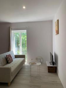 a living room with a couch and a table at Appartement cœur de village Numéro1 in Peyriac-de-Mer