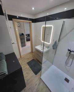 a bathroom with a shower and a sink and a mirror at Apartament Turkusowy in Międzywodzie