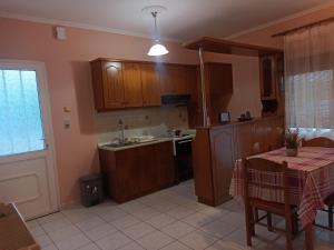 una cucina con armadi in legno e un tavolo con una tovaglia di Irini apartment 3 a Néa Koútali Altre 7 foto