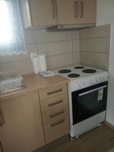 a kitchen with a stove and a counter top at Theros house in Kýthira