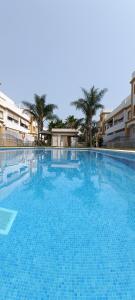 een groot blauw zwembad met palmbomen en gebouwen bij Apartamento Playa de Punta Candor in Rota