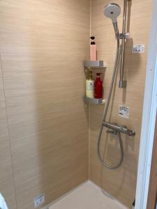 a shower with a shower head in a bathroom at 安ホテルサンシャイン in Tokyo