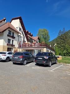 three cars parked in a parking lot in front of a building at Vila Pinul si Mesteacanul in Poiana Brasov +84 photos