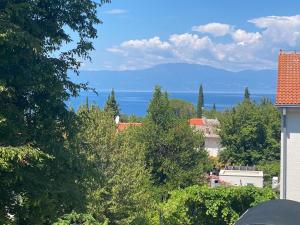 a city with trees and the ocean in the background at Apartmani Dvojak Njivice in Njivice