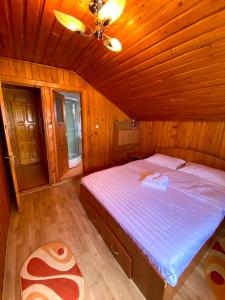 1 dormitorio con 1 cama en una habitación de madera en Casa de Vacanta Catrinel, en Ranca