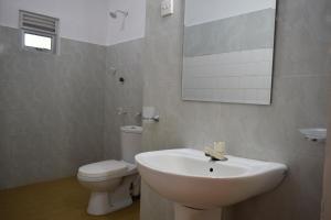 La salle de bains est pourvue d'un lavabo, de toilettes et d'un miroir. dans l'établissement Golden Beach Cottages, à Trincomalee