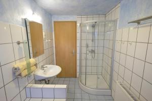 a bathroom with a glass shower and a sink at Ferienhaus 3 Zi im ART.Quartier in Velgast