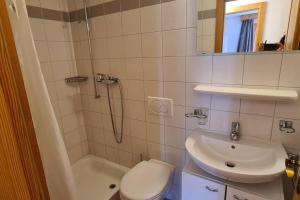 een badkamer met een wastafel, een toilet en een douche bij Appartement 3.5 Nendaz in Nendaz