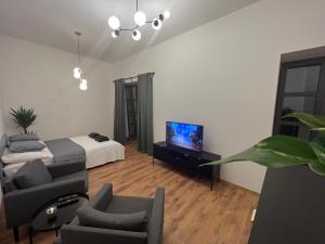 a living room with a bed and a tv at Apartment YELLOW ROSE, Perfect Location with Free Parking, 24h Checkin & Balcony in Piešťany