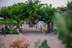 a brick walkway with trees in front of a building at Terra Hélios Suites & Studios in Kyparissia