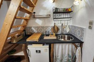 a tiny kitchen with a sink and a ladder at maisonnette avec jardin et terrasse in Montdardier