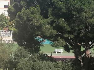 un banc de parc assis devant un champ vert dans l'établissement appartement cosy à 100m de la plage, CLIM, WIFI, piscine, au Lavandou