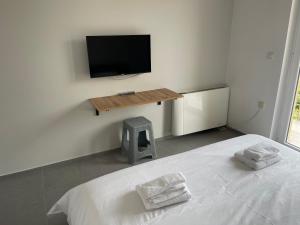 sypialnia z łóżkiem i telewizorem na ścianie w obiekcie Apartments Joana w Ochrydzie