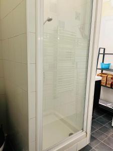 La salle de bains est pourvue d'une douche avec une porte en verre. dans l'établissement Wendy family flat with calm courtyard 3min for metro Paris in 10 mins, à Maisons-Alfort
