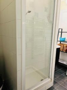 una ducha con puerta de cristal en un baño en Wendy family flat with calm courtyard 3min for metro Paris in 10 mins, en Maisons-Alfort 19 fotos más