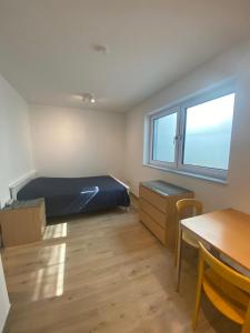 1 dormitorio con cama, escritorio y mesa en Apartment S&A, en Holzkirchen